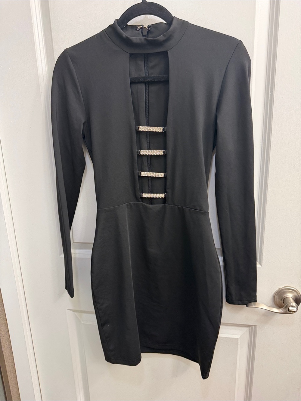 Black Long-Sleeve Mini Dress with Front Ladder Detail